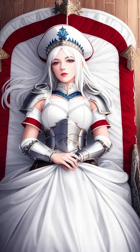 tiktok girl, (from_above:1.3) (lying:1.2) white_hair , baseball_hat , 2000s , white plaid,fabric , intricate knights armor , in fantasy carriage , jewelry, (full_body:1.4), (realistic:1.4), masterpiece, high quality, realistic lighting, center of frame, 8k, hdr, amateur, bracers