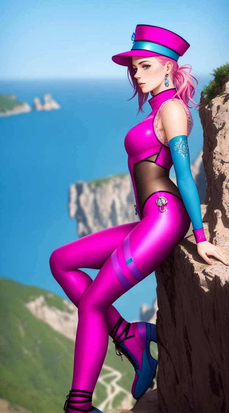 tiktok girl, (from_side:1.3) (crossed_ankles:1.2) pink_hair , hat , 2000s , blue lace_trim,leather , intricate formfitting bodysuit , over a cliff , jewelry, (full_body:1.4), (realistic:1.4), masterpiece, high quality, realistic lighting, center of frame, 8k, hdr, amateur, (freckles:0.90)