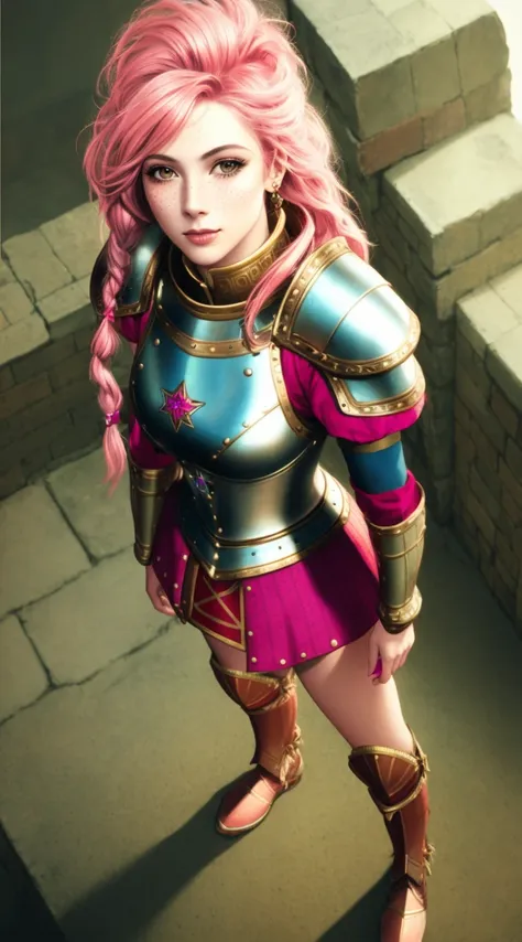 tiktok girl, (from_above:1.3) (standing:1.2) pink_hair , locks , 70s era , brown straps,fabric , intricate knights armor , (in zero-gravity) , jewelry, (full_body:1.4), (realistic:1.4), masterpiece, high quality, realistic lighting, center of frame, 8k, hdr, amateur, freckles