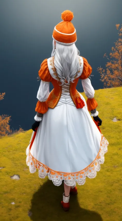 tiktok girl, (from_above:1.3) (walking:1.2) white_hair , beanie , victorian era , orange silk,lace_trim , intricate winter bodysuit , on ramparts , jewelry, (full_body:1.4), (realistic:1.4), masterpiece, high quality, realistic lighting, center of frame, 8k, hdr, amateur, bracers