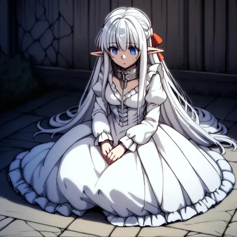 score_9, score_8_up, score_7_up, BREAK source_anime,  elf, pointy ears, blue eyes, white hair, long hair, medium breasts, metal collar, white dress, long sleeves, puffy sleeves, full body,