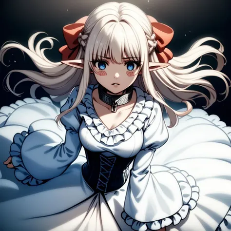 1girl,nephelia,black_background,blue_eyes,blush_stickers,bow,braid,breasts,collar,corset,dress,dress_tug,elf,feet_out_of_frame,floating_clothes,floating_hair,frilled_dress,frilled_sleeves,frills,grey_hair,hair_bow,hand_up,large_breasts,long_hair,long_pointy_ears,long_sleeves,looking_at_viewer,metal_collar,parted_lips,pointy_ears,red_bow,sidelocks,simple_background,solo,standing,teeth,very_long_hair,white_corset,white_dress,wide_sleeves