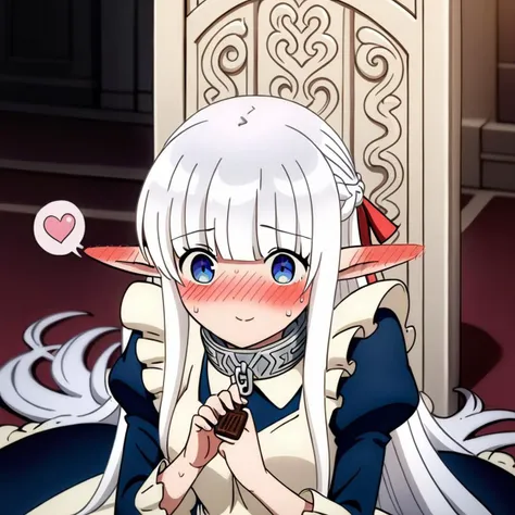 (masterpiece, best quality, very aesthetic, ultra detailed, many details), 1girl, nephiliaxl, pointy ears, blue eyes, very long hair, white hair, elf, apron, maid, collar, braid, dress, long sleeves, frills, blunt bangs, hair ribbon, chocolate_heart, leaning forward, nervous smile, sweating_drop, blush, ear_blush, throne room, indoors