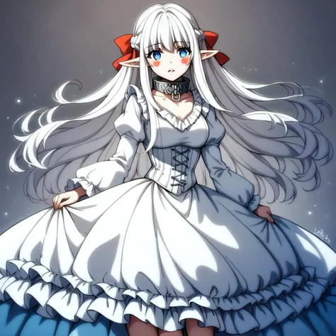 1girl,nephelia,black_background,blue_eyes,blush_stickers,bow,braid,breasts,collar,corset,dress,dress_tug,elf,feet_out_of_frame,floating_clothes,floating_hair,frilled_dress,frilled_sleeves,frills,grey_hair,hair_bow,hand_up,large_breasts,long_hair,long_pointy_ears,long_sleeves,looking_at_viewer,metal_collar,parted_lips,pointy_ears,red_bow,sidelocks,simple_background,solo,standing,teeth,very_long_hair,white_corset,white_dress,wide_sleeves