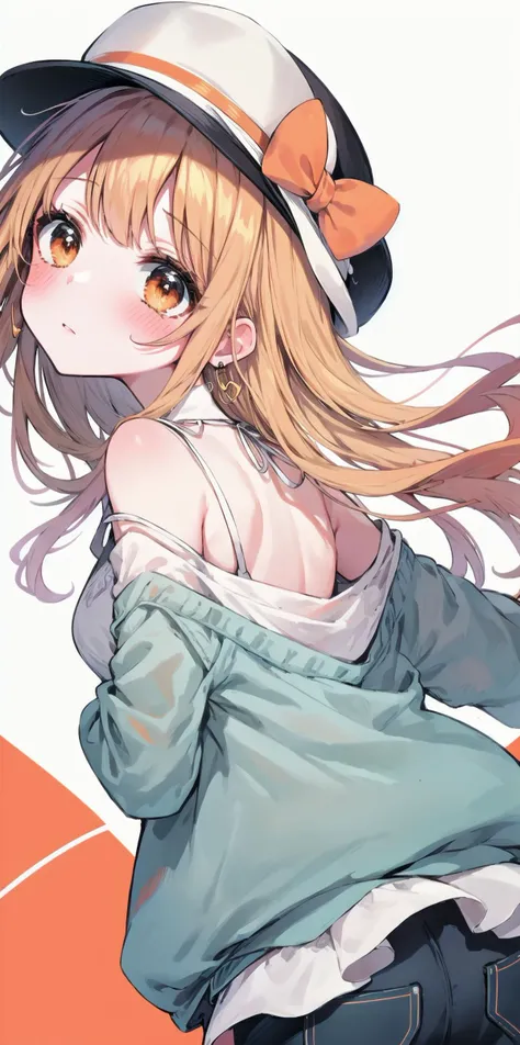 (nsfw:0.71), (best quality, masterpiece), (eye focus, face, close-up:0.5), blush, (expressionless:0.6), 1girl, solo focus, bangs, white background, dutch angle, side, head tilt, jewelry,bow,hat , (casual, contemporary), orange theme, , perspective, from behind, nape