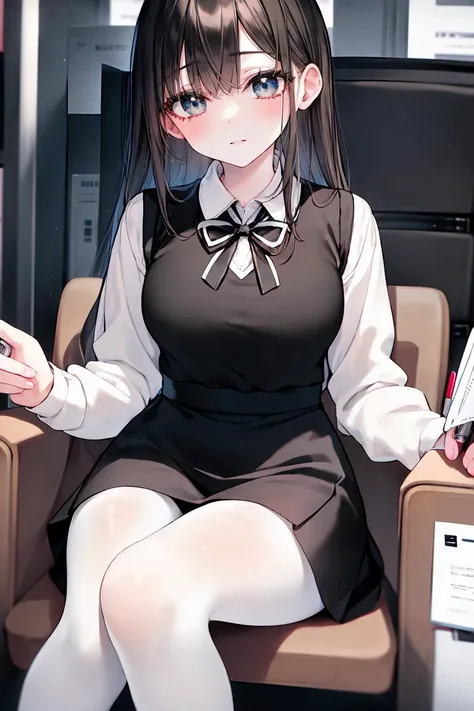 (masterpiece, best quality), a young black haired girl office secretary dressed in a transparent white blouse and black office skirt and black pantyhose ,sitting in an office chair, holding pencil, (detailed skin:1.3),(detailed eyes), (sharp focus),