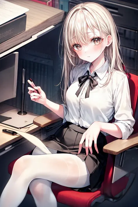 (masterpiece, best quality), a young black haired girl office secretary dressed in a transparent white blouse and black office skirt and black pantyhose ,sitting in an office chair, holding pencil, (detailed skin:1.3),(detailed eyes), (sharp focus), <lora:add_detail:1>