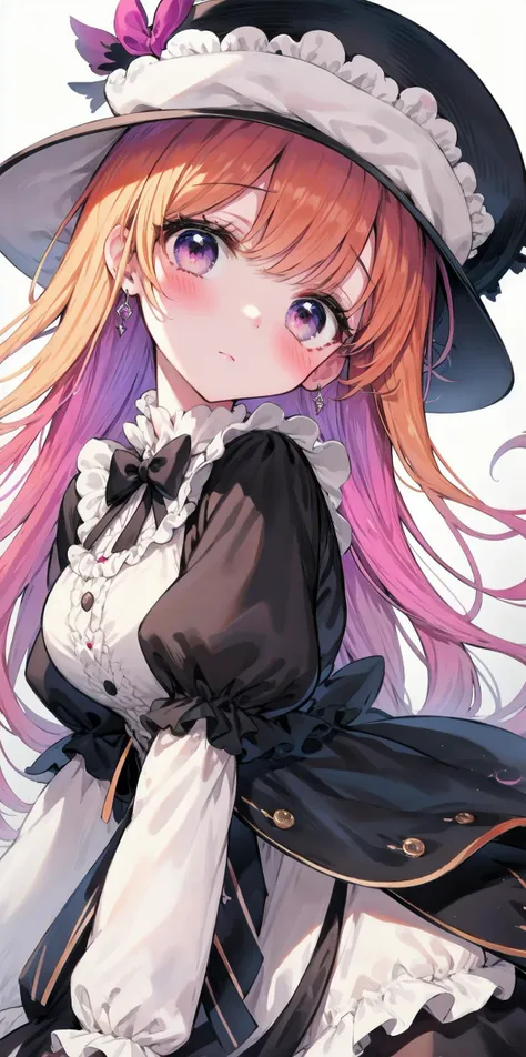 (nsfw:0.42), (best quality, masterpiece), (eye focus, face, close-up:0.5), blush, (expressionless:0.6), 1girl, solo focus, bangs, white background, dutch angle, side, head tilt, hat,bow , (victorian), orange,purple theme, gradient,multicolored , , from side