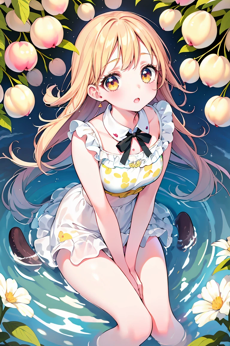 (masterpiece, best quality), 1girl, female eighteen, pear-shaped, east asian, honey eyes, flat nose, pointed chin with cleft, prominent cheeks, straight forehead, round face shape, elegantly arched feet, , peach
choppy haircut hair, admiration
wearing printed embroidered panties, ribbon-tie halter top, ,monocle
, hands on cheeks, displaying surprise ,