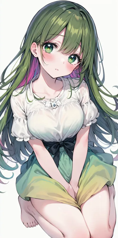 (nsfw:0.57), (best quality, masterpiece), (eye focus, face, close-up:0.6), blush, (expressionless:0.6), 1girl, solo focus, bangs, white background, dutch angle, side, head tilt, bow , (casual, contemporary), green theme, multicolored,gradient , barefoot , , from above