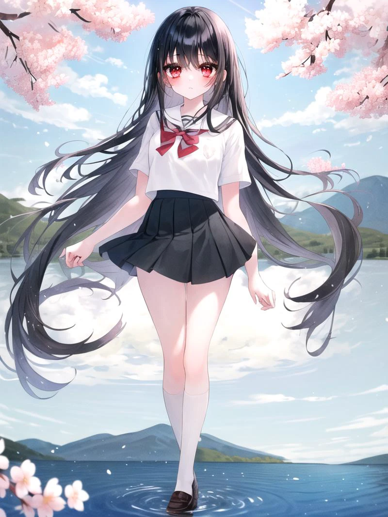,(masterpiece),(highres),(high quality),
,(cute girl:1.2),(solo),(skinny),
,(black hair:1.3),(red eyes),(long hair:1.2),
,(school uniform),(white shirt),(black skirt),
,(lake),(mountain),(sakura),
,(looking at viewer),(full body),