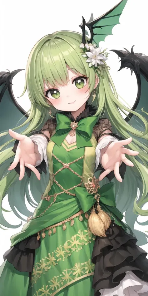 (best quality, masterpiece), (eye focus, face, close-up:0.3), blush, (smile:0.7), 1girl, solo focus, bangs, white background, durch angle, side, head tilt, jewelry, bow, wings
, (costume, cosplay, green theme:1.3)
, foreshortening, perspective