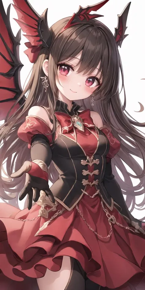 (best quality, masterpiece), (eye focus, face, close-up:0.3), blush, (smile:0.7), 1girl, solo focus, bangs, white background, durch angle, side, head tilt, jewelry, bow, wings
, (fantasy, red theme:1.3)
, foreshortening