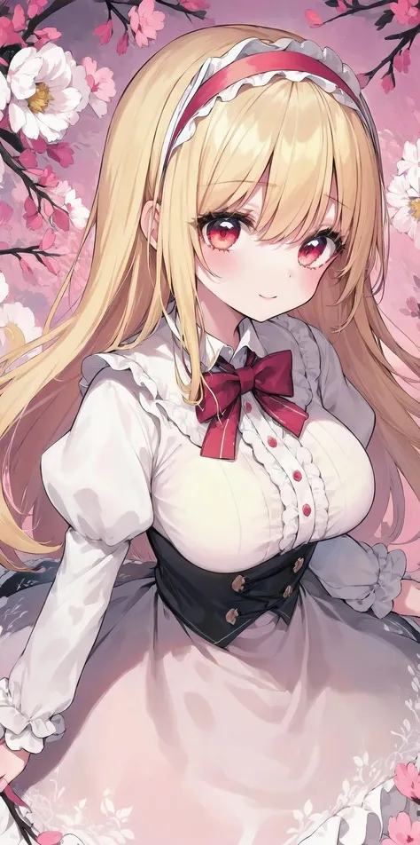 1girl, solo, (face, eye focus, close-up:0.7), (alice, forest), bow, slender, long skirt, blond hair, hairband, red eyes, underbust, huge breasts, skirt hold, curtsey, (smile:0.7), floral_background, Petals