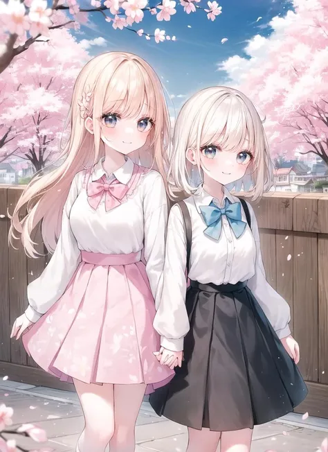 (2girls, sisters), wide shot, (happy smile:1), (architecture), (laughing:0.6), walking, white shirt, school uniform, pleated skirt, blouse, bow, hairpin, slender, (dutch angle), from side, (floral_background, Petals, (cherry blossoms)), brick wall, alley, fance, looking_another, vanishing point, panorama, (architecture) , long, medium, short , large, small , wavy, straight, curly , (white, black,blue), pink, (blond:0.6)