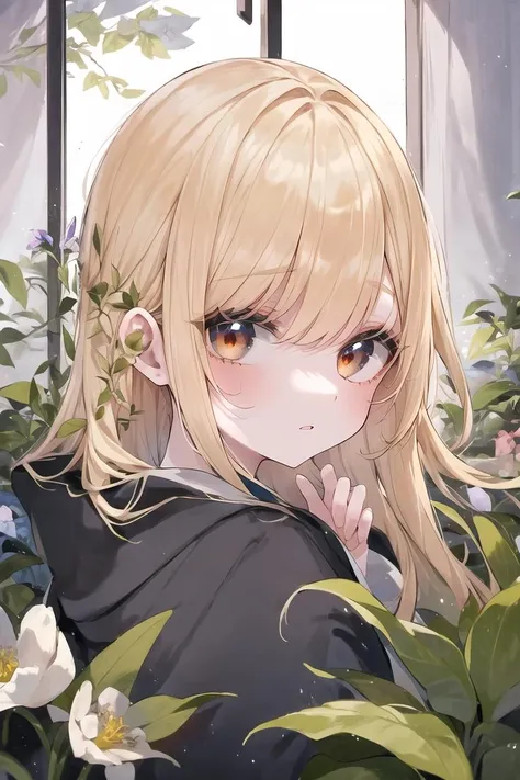 1girl, solo, witch, blond hair, from side, potion, plant, flower, muntins, window, darkness