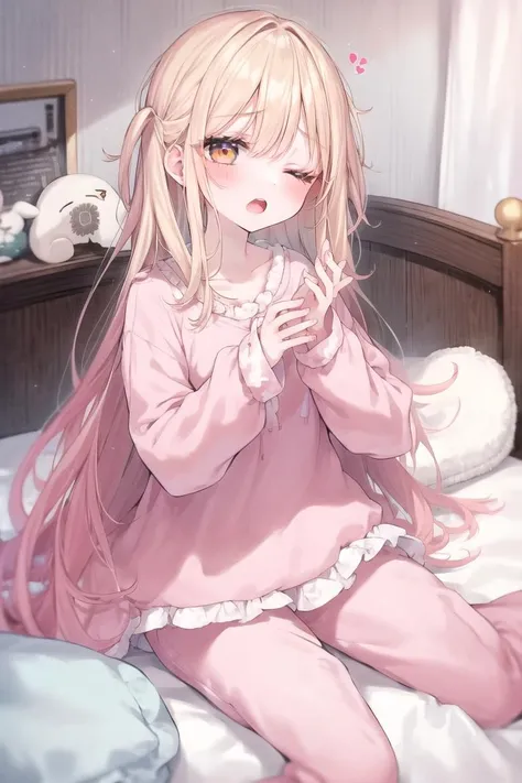 (nsfw:0.66), 1girl, solo, on bed, blush, open mouth, collarbone, one eye closed, wakeupyawn, pajamas, pillow, sitting, sleepy, <lora:wake_up:0.7>