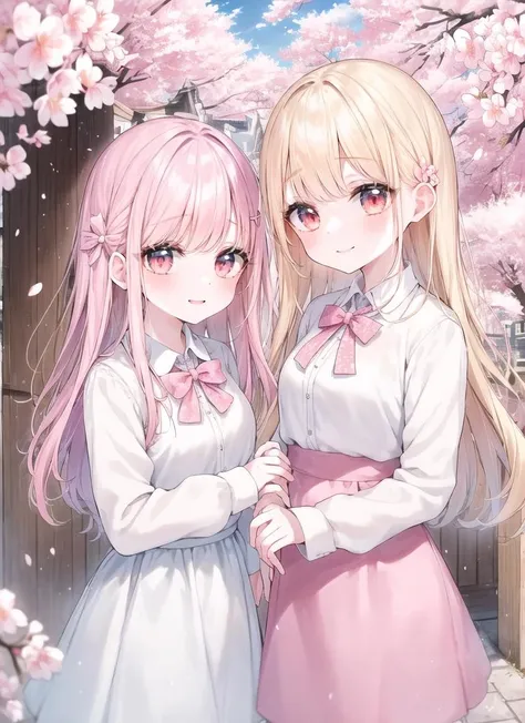 (2girls, sisters), wide shot, (happy smile:1), (architecture), (laughing:0.6), walking, white shirt, school uniform, bow, hairpin, slender, (dutch angle), from side, (floral_background, Petals, (cherry blossoms)), brick wall, alley, fance, looking_another, vanishing point, panorama, architecture , long, medium, short , large, small , wavy, straight, curly , white, black, pink, (blond:0.7), blue,