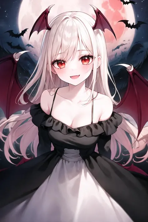 (nsfw:0.6), 1girl, solo (eye focus, eyeliner, eyelashes, :0.7), (medium breasts, collarbone), (feather long dress, gown), bat wings, vampire, red moon, night, off-shoulder, (sideboob, grin:0.6), (fang), pale skin. ,CC0000, 000000, ((708090:0.50), (4B0081:0.56):1.3),