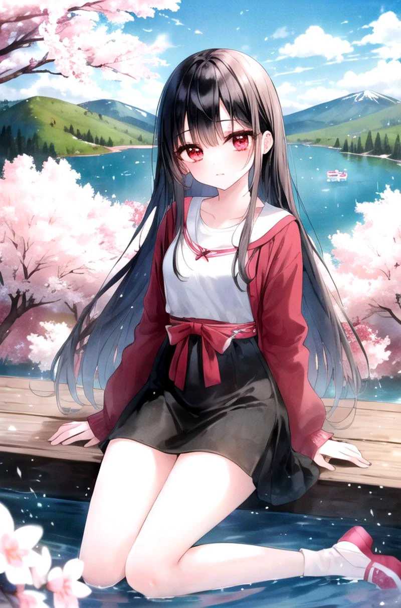 ,(masterpiece),(highres),(high quality),
,(cute girl:1.2),(solo),(skinny),
,(black hair:1.3),(red eyes),(long hair:1.2),
,(lake),(mountain),(sakura),
,(looking at viewer),(full body),
