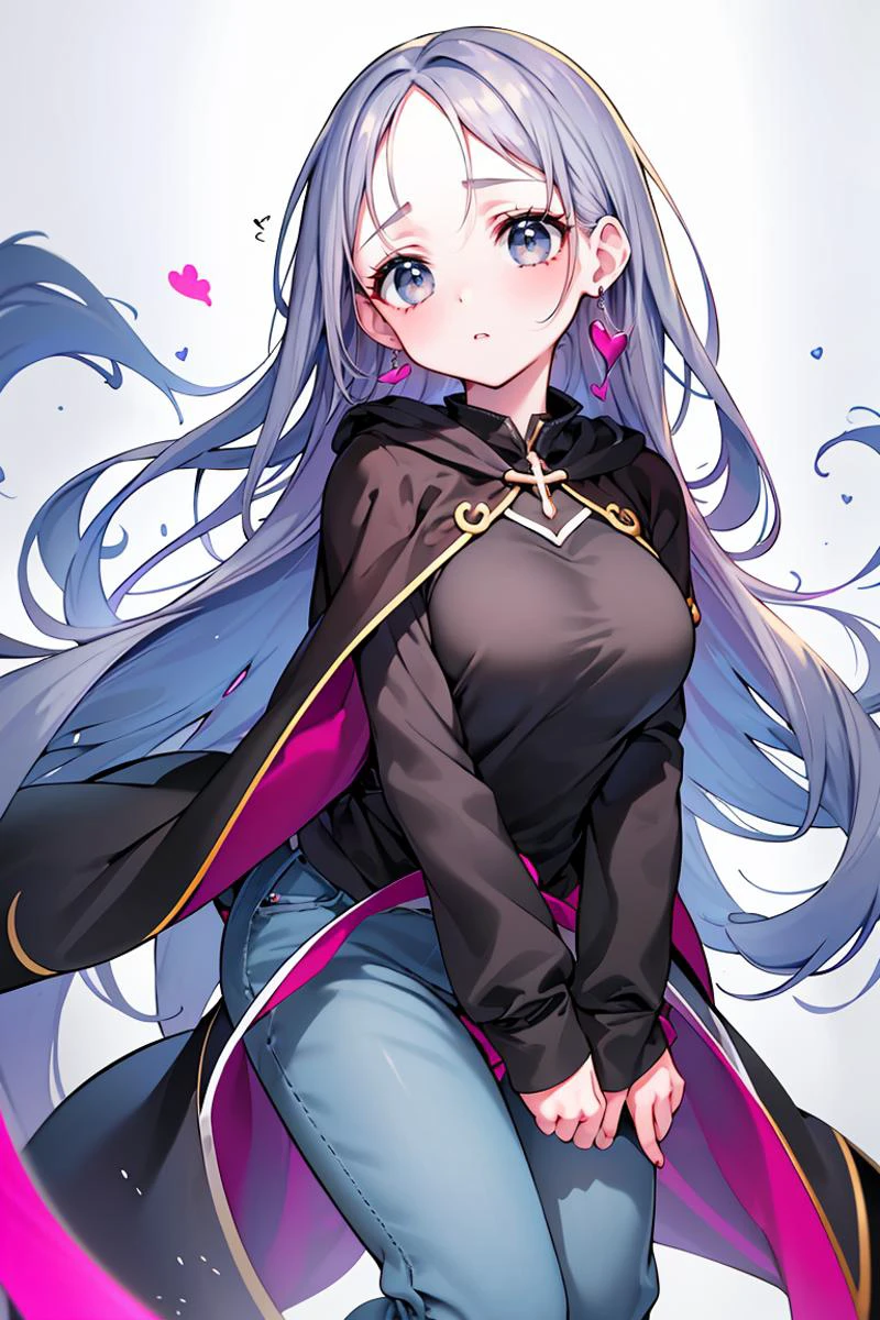 (masterpiece, best quality), 1girl, female fifty-something, tall, central asian, black eyes, gauged ears, round nose, protruding chin with cleft, full cheeks, unique forehead, heart face shape with pointed chin, defined jawline, , denim blue
long and straight hair, pride
wearing __bo/properties/color__
cropped linen pants, full cup bra, cloak
, arms extended forward, showing a willingness to give or receive ,