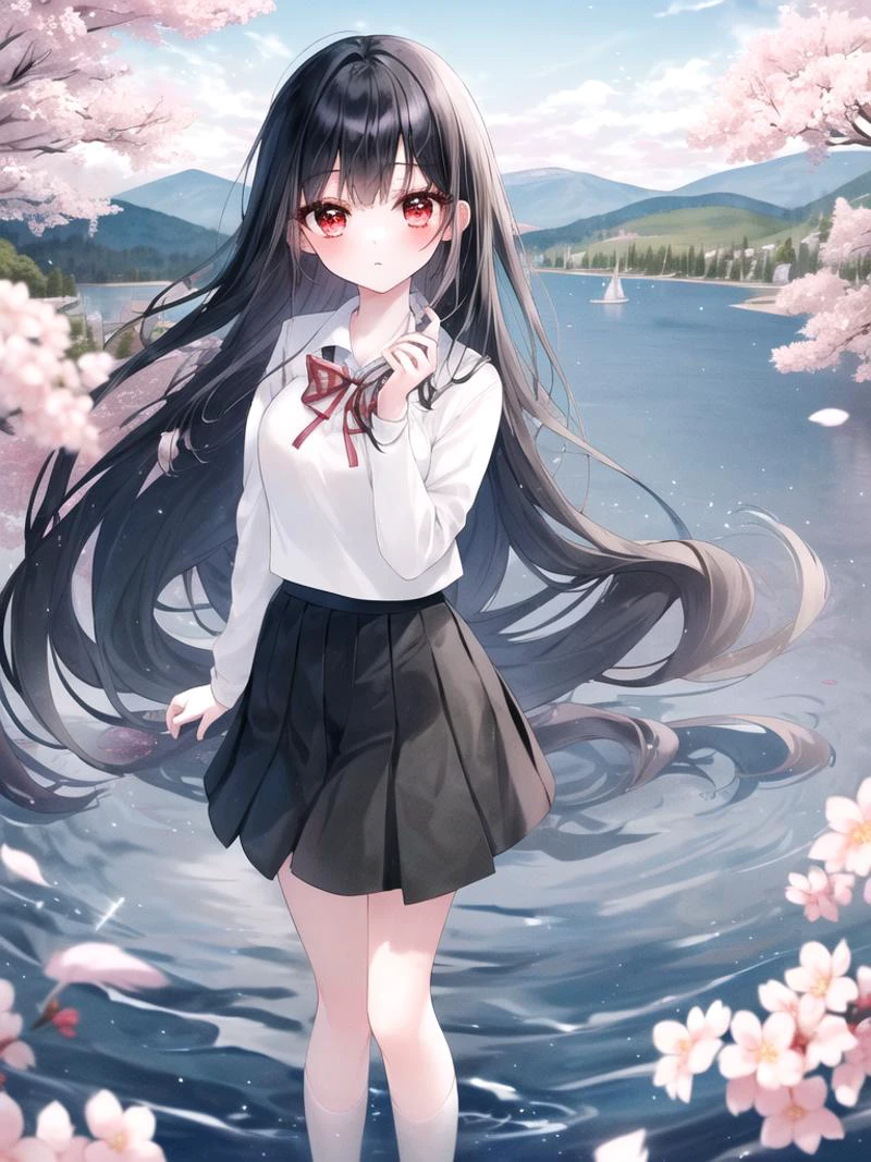 ,(masterpiece),(highres),(high quality),
,(cute girl:1.2),(solo),(skinny),
,(black hair:1.3),(red eyes),(long hair:1.2),
,(school uniform),(white shirt),(black skirt),
,(lake),(mountain),(sakura),
,(looking at viewer),(full body),