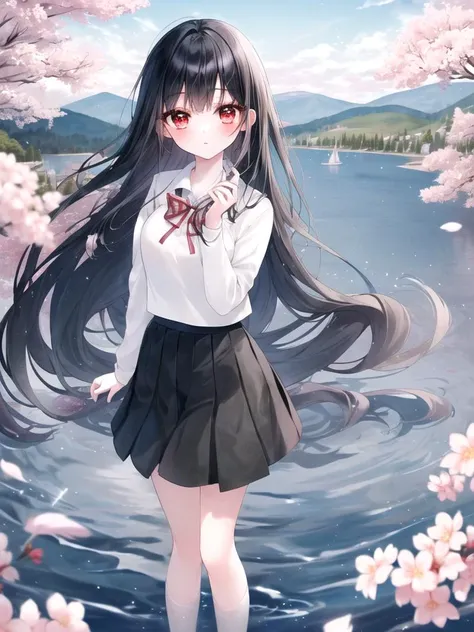 ,(masterpiece),(highres),(high quality),
,(cute girl:1.2),(solo),(skinny), 
,(black hair:1.3),(red eyes),(long hair:1.2),
,(school uniform),(white shirt),(black skirt),
,(lake),(mountain),(sakura),
,(looking at viewer),(full body),