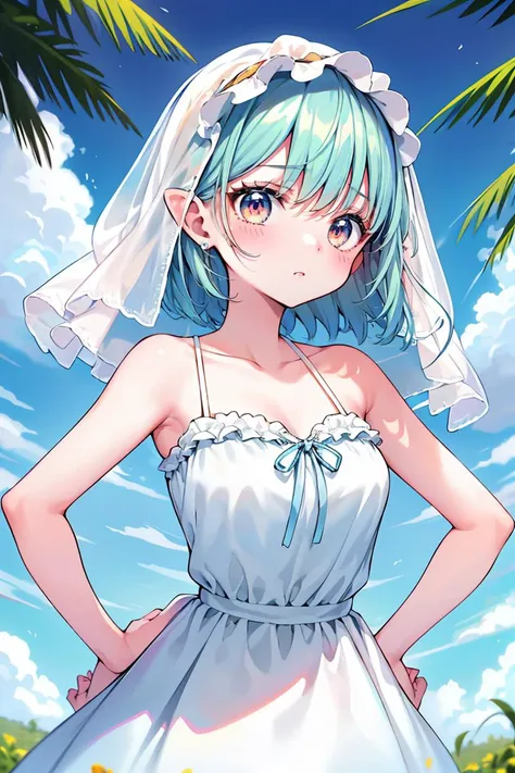 (masterpiece, best quality), 1girl, female early twenties, slender, native hawaiian, honey eyes, torn ears,   low jawline, chiseled cheeks,  oval face shape,   nasal septum, pastel blue
 pixie cut hair, satisfaction
 wearing gingham    __bo/properties/color__    zigzag
 g-string,  plunging neckline top,  veil, 
, hands on hips, showing readiness or impatience ,