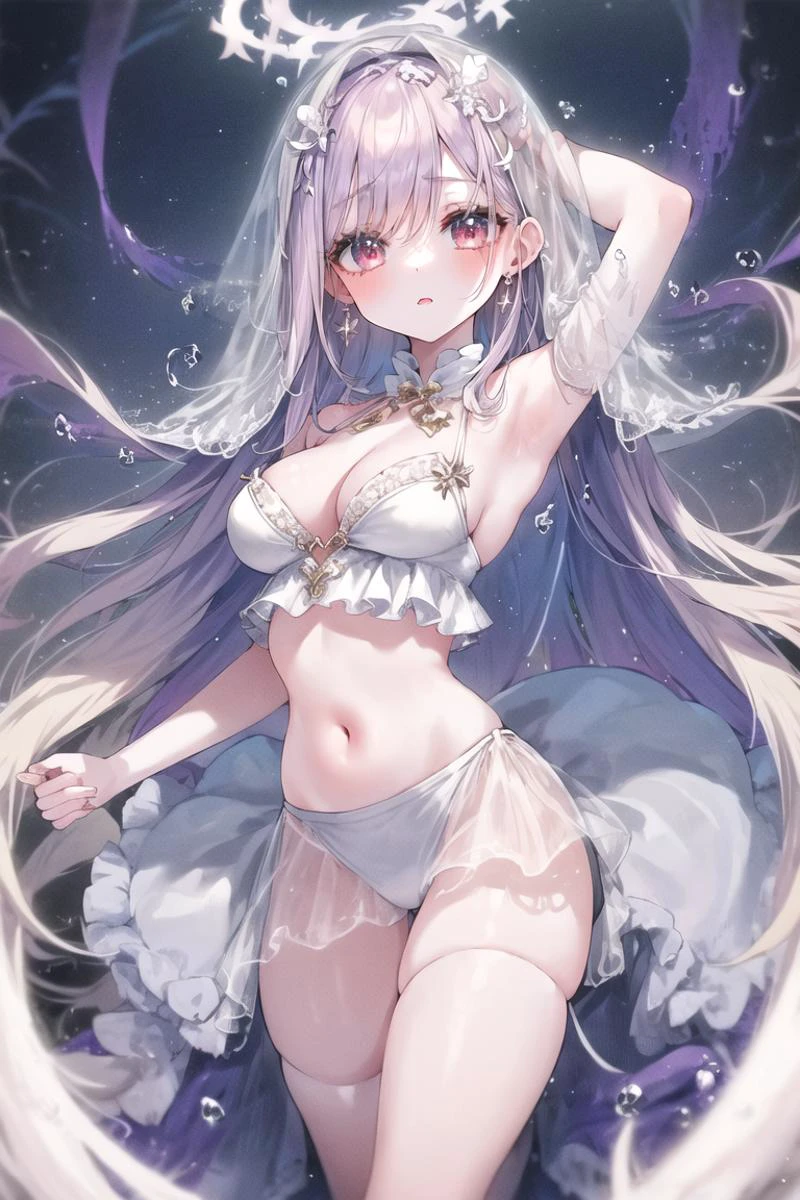(nsfw:0.6), (1girl, solo), (dancer, harem outfit:1.2), bustier, see-through, navel, revealing clothes, jewelry, circlet veil standing on one leg