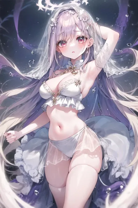 (nsfw:0.6), (1girl, solo), (dancer, harem outfit:1.2), bustier, see-through, navel, revealing clothes, jewelry, circlet veil standing on one leg