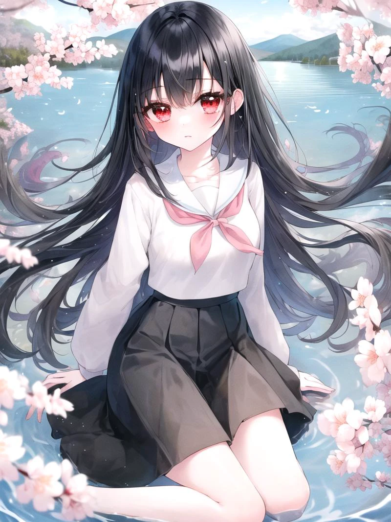 ,(masterpiece),(highres),(high quality),
,(cute girl:1.2),(solo),(skinny),
,(black hair:1.3),(red eyes),(long hair:1.2),
,(school uniform),(white shirt),(black skirt),
,(lake),(mountain),(sakura),
,(looking at viewer),(full body),