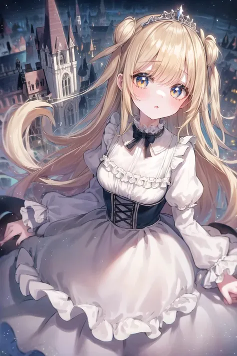 (1girl, solo), (eyelashes:0.7), dress, gown, frills, puffy, slender, dutch angle, from above, hall, european_architecture, tiara, jewelry, surreal, fantasy, (floating hair, severed hair, detached hair:-1), <lora:SilverSapphireAI:0.25> , <lora:ChronomancyAI-000010:0.25> , <lora:CrystallineAI-000009:0.25>