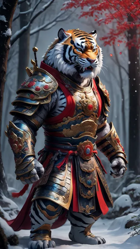 XCYP,<lora:é²åä¸æ´¾@ä¸­å½ç¥å½XL:0.8>,The beast of Chinese mythology, the mighty and strong anthropomorphic tiger king dressed in gorgeous hanfu and armor, gluttonous heavy armor and red cloak, with a glowing red magic array behind him, standing in the dark forest with a weapon in hand, snow, rich in detail, realistic, rich in detail, 32K UHD, super high resolution, best quality, masterpiece,