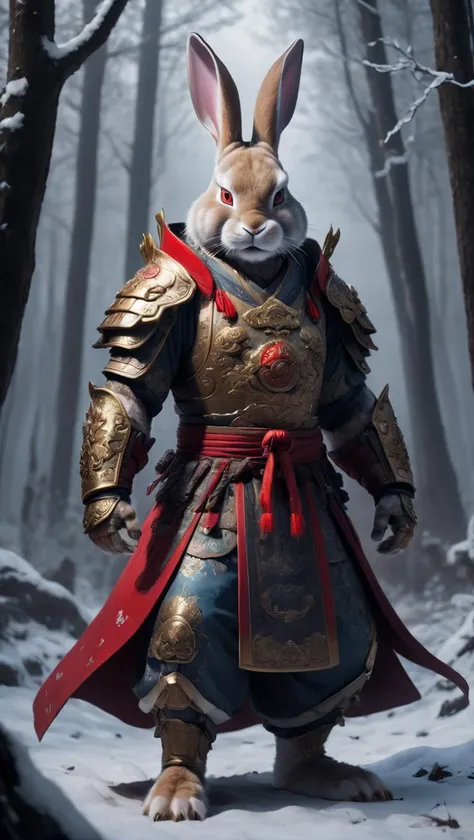 XCYP,<lora:é²åä¸æ´¾@ä¸­å½ç¥å½XL:0.8>,The beast of Chinese mythology, the mighty and strong anthropomorphic rabbit king dressed in gorgeous hanfu and armor, gluttonous heavy armor and red cloak, with a glowing red magic array behind him, standing in the dark forest with weapons in hand, snow, rich in detail, realistic, rich in detail, 32K UHD, super high resolution, best quality, masterpiece,