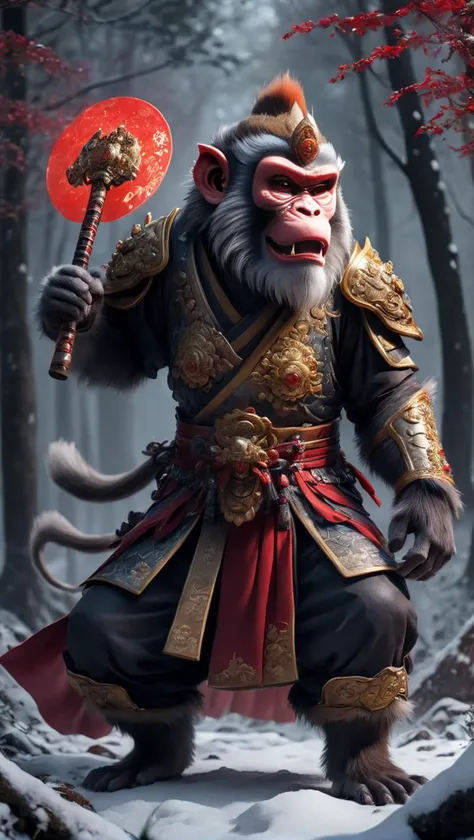 XCYP,<lora:é²åä¸æ´¾@ä¸­å½ç¥å½XL:0.8>,The beast of Chinese mythology,the mighty and strong anthropomorphic monkey king dressed in gorgeous hanfu and armor,gluttonous heavy armor and red cloak,with a glowing red magic array behind him,standing in the dark forest with weapons in hand,snow,rich in detail,realistic,rich in detail,32K UHD,ultra high resolution,best quality,masterpiece,