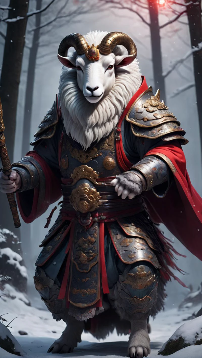 XCYP,<lora:é²å䏿´¾@ä¸å½ç¥å
½XL:0.8>,The beast of Chinese mythology, the mighty and strong anthropomorphic sheep king dressed in gorgeous Hanfu and armor, gluttonous heavy armor and red cloak, with a glowing red magic array behind him, standing in the dark forest with a weapon in hand, snow, rich in detail, realistic, rich in detail, 32K UHD, ultra high resolution, best quality, masterpiece,