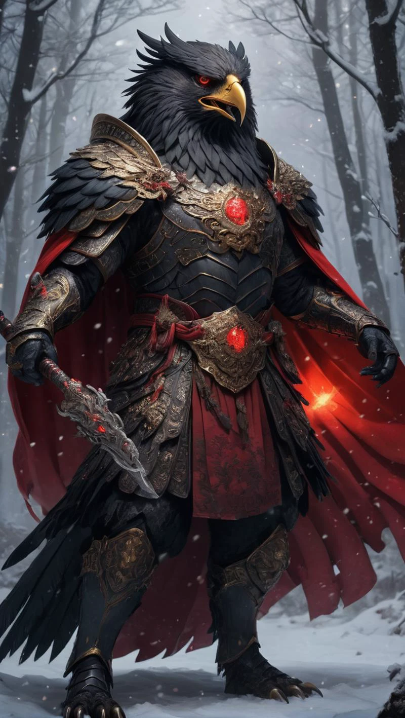 XCYP,<lora:é²å䏿´¾@ä¸å½ç¥å
½XL:0.8>,The beast of Chinese mythology,the mighty and strong anthropomorphic Black Eagle King dressed in gorgeous Hanfu and armor,gluttonous heavy armor and red cloak,with a glowing red magic array behind him,standing in the dark forest with weapons in hand,snow,rich in detail,realistic,rich in detail,32K UHD,ultra-high resolution,best quality,masterpiece,