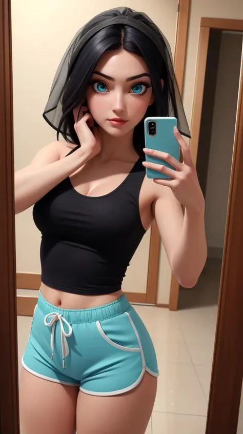 ((best quality)),((highly detailed)),masterpiece,absurdres,detailed face,beautiful face,(detailed eyes, deep eyes),1girl,((dynamic pose)) , <lora:LilyV1:0.7>ï»¿Lily, aqua eyes, black hair, eyelashes, veil, eyelashes, solo , breasts, solo, tank top, indoors ,medium breast, dolphin shorts, <lora:dolphin_shorts_v0.1:0.5>, <lora:MirrorSelfieLora:0.8>, anime, mirror selfie, holding phone<lora:add_detail:0.1>