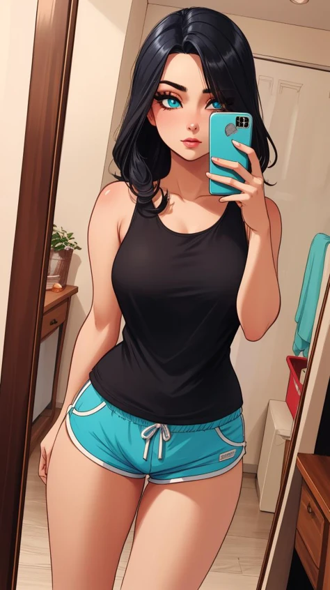 ((best quality)),((highly detailed)),masterpiece,absurdres,detailed face,beautiful face,(detailed eyes, deep eyes),1girl,((dynamic pose)) , <lora:LilyV1:0.7>Lily, aqua eyes, black hair, eyelashes, veil, eyelashes, solo , breasts, solo, tank top, indoors ,medium breast, dolphin shorts, <lora:dolphin_shorts_v0.1:0.5>, <lora:MirrorSelfieLora:0.8>, anime, mirror selfie, holding phone<lora:add_detail:0.1>