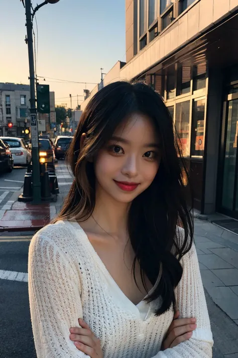 Candid photo of eeseo, with captivating
eyes, smiling amidst a bustling city, upper body
framing, in a street photography setting, golden hour
lighting:1.3), shot at eye level, on a Fujifilm X-T4
with a 50mm lens, in the style of Alfred Stieglitz
<lora:eeseo-12:0.9>