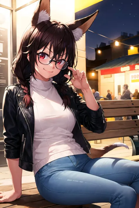 1girl, solo, sidelocks, twinbraids, black hair, red eyes, smug, smirk, glasses, sitting, bench, partk, at night, long hair, white sweater,( leather jacket, black jacket:1.2), fox girl, fox ears, fox tail, jeans, black tail, skindentation, <lora:Onsoku-inu-Style-v1-000016:1>