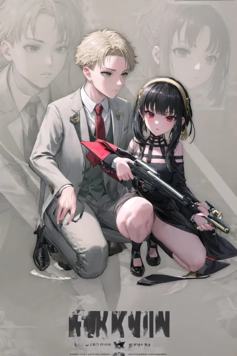 masterpiece,best quality,<lora:forger:1>,anya (spy x family),green eyes,female child,multiple girls,2girls,1boy,hairband,black dress,suit,formal,necktie,full body,zoom layer,holding weapon,holding gun,one knee,<lora:NikkeProfile:1>,