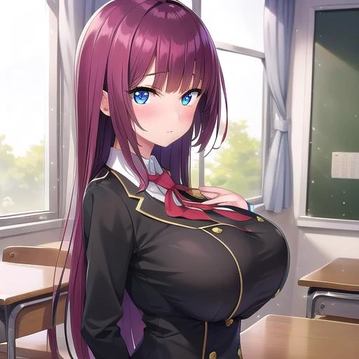 masterpiece, mischievous smile, light blush, looking at viewer, huge breasts, sexy pose, female rean schwarzer, long hair, red coat, fur trim, black shirt, brown belt, denim skirt, (open shirt: 1.2), (nipples: 1.2) detailed white classroom in the background