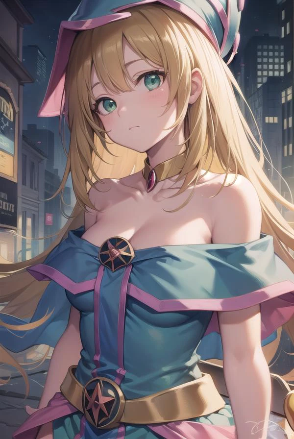 darkmagiciangirl, <lora:darkmagiciangirltest:1>,
dark magician girl, blonde hair, choker, (green eyes:1.5), long hair,
BREAK bare shoulders, blue footwear, blush, blush stickers, cleavage, collarbone, duel monster, hat, off shoulder, pentacle, wizard hat, (blue clothes:1.5),
BREAK looking at viewer,
BREAK outdoors, city,
BREAK <lora:GoodHands-vanilla:1>, (masterpiece:1.2), best quality, high resolution, unity 8k wallpaper, (illustration:0.8), (beautiful detailed eyes:1.6), extremely detailed face, perfect lighting, extremely detailed CG, (perfect hands, perfect anatomy),