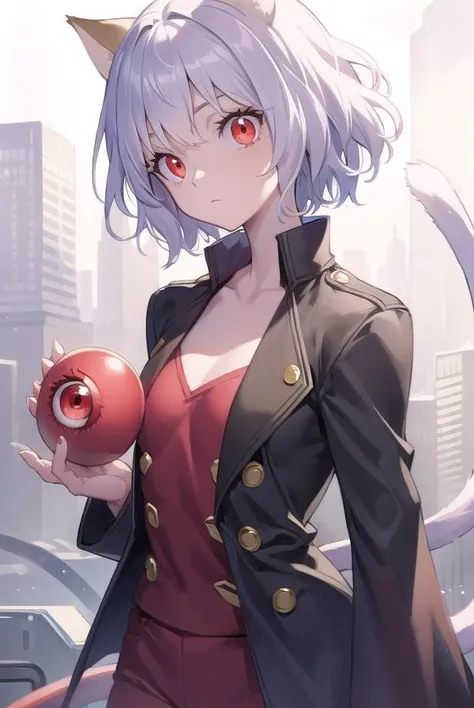 neferpitou, <lora:neferpitou:1>, neferpitou, short hair, (red eyes:1.5), long sleeves, animal ears, tail, white hair, shorts, cat ears, cat tail, curly hair, (small breast:1.2), BREAK looking at viewer, BREAK outside, BREAK <lora:GoodHands-vanilla:1>, (masterpiece:1.2), best quality, high resolution, unity 8k wallpaper, (illustration:0.8), (beautiful detailed eyes:1.6), extremely detailed face, perfect lighting, extremely detailed CG, (perfect hands, perfect anatomy),