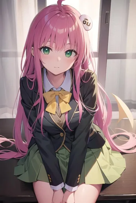 laladevilluke, <lora:laladeviluketest:1>,
lala deviluke, long hair, pink hair, tail, ahoge, bangs, hair ornament, (green eyes:1.5),
BREAK school uniform, white shirt, blazer, (yellow blazer:1.5), ribbon, green ribbon, pleated, pleated skirt, skirt, (green skirt:1.5),
BREAK looking at viewer,
BREAK indoors, classroom,
BREAK <lora:GoodHands-vanilla:1>, (masterpiece:1.2), best quality, high resolution, unity 8k wallpaper, (illustration:0.8), (beautiful detailed eyes:1.6), extremely detailed face, perfect lighting, extremely detailed CG, (perfect hands, perfect anatomy),