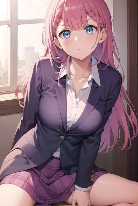 mafuyukirisu, <lora:mafuyutest:1>,
mafuyu kirisu, blue eyes, braid, long hair, twin braids, pink hair,
BREAK long sleeves, purple skirt, shirt, skirt, suit jacket, white shirt, blazer,
BREAK looking at viewer,
BREAK indoors, classroom,
BREAK <lora:GoodHands-vanilla:1>, (masterpiece:1.2), best quality, high resolution, unity 8k wallpaper, (illustration:0.8), (beautiful detailed eyes:1.6), extremely detailed face, perfect lighting, extremely detailed CG, (perfect hands, perfect anatomy),