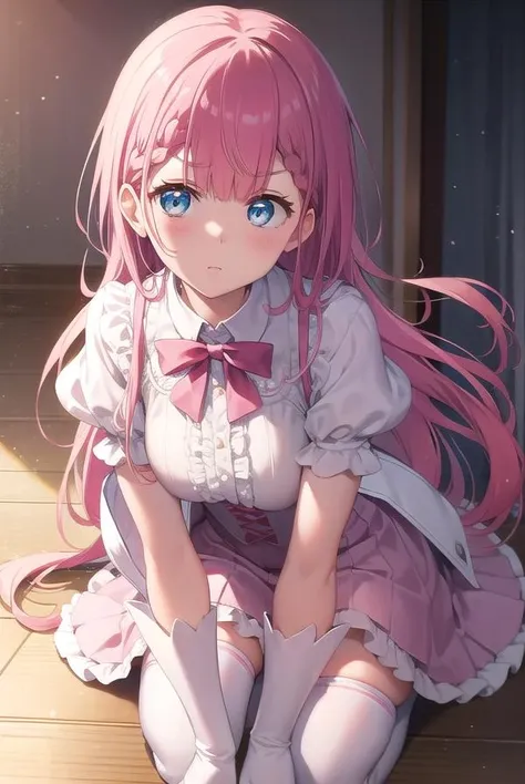 mafuyukirisu, <lora:mafuyutest:1>,
mafuyu kirisu, blue eyes, braid, long hair, twin braids, pink hair,
BREAK boots, center frills, dress, elbow gloves, frilled skirt, frills, gloves, magical girl, pink skirt, puffy short sleeves, puffy sleeves, purple thighhighs, short sleeves, skirt, thigh boots, thighhighs, tiara, white gloves,
BREAK looking at viewer,
BREAK indoors, classroom,
BREAK <lora:GoodHands-vanilla:1>, (masterpiece:1.2), best quality, high resolution, unity 8k wallpaper, (illustration:0.8), (beautiful detailed eyes:1.6), extremely detailed face, perfect lighting, extremely detailed CG, (perfect hands, perfect anatomy),