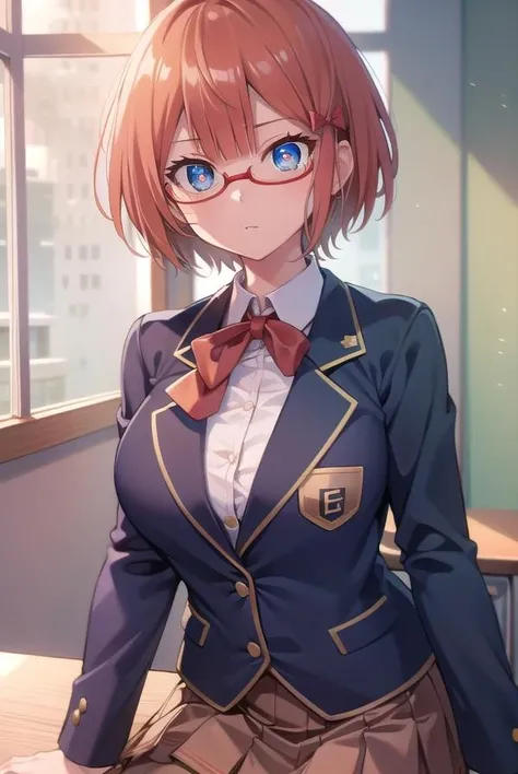 ogatarizu, <lora:rizuogatatest:1>,
rizu ogata, blue eyes, glasses, hair bow, red bow, red-framed eyewear, short hair, orange hair,
BREAK blazer, bow, jacket, pantyhose, pleated skirt, school uniform, shirt, skirt,
BREAK looking at viewer,
BREAK indoors, classroom,
BREAK <lora:GoodHands-vanilla:1>, (masterpiece:1.2), best quality, high resolution, unity 8k wallpaper, (illustration:0.8), (beautiful detailed eyes:1.6), extremely detailed face, perfect lighting, extremely detailed CG, (perfect hands, perfect anatomy),