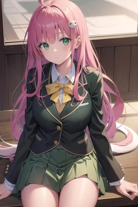 laladevilluke, <lora:laladeviluketest:1>,
lala deviluke, long hair, pink hair, tail, ahoge, bangs, hair ornament, (green eyes:1.5),
BREAK school uniform, white shirt, blazer, (yellow blazer:1.5), ribbon, green ribbon, pleated, pleated skirt, skirt, (green skirt:1.5),
BREAK looking at viewer,
BREAK indoors, classroom,
BREAK <lora:GoodHands-vanilla:1>, (masterpiece:1.2), best quality, high resolution, unity 8k wallpaper, (illustration:0.8), (beautiful detailed eyes:1.6), extremely detailed face, perfect lighting, extremely detailed CG, (perfect hands, perfect anatomy),